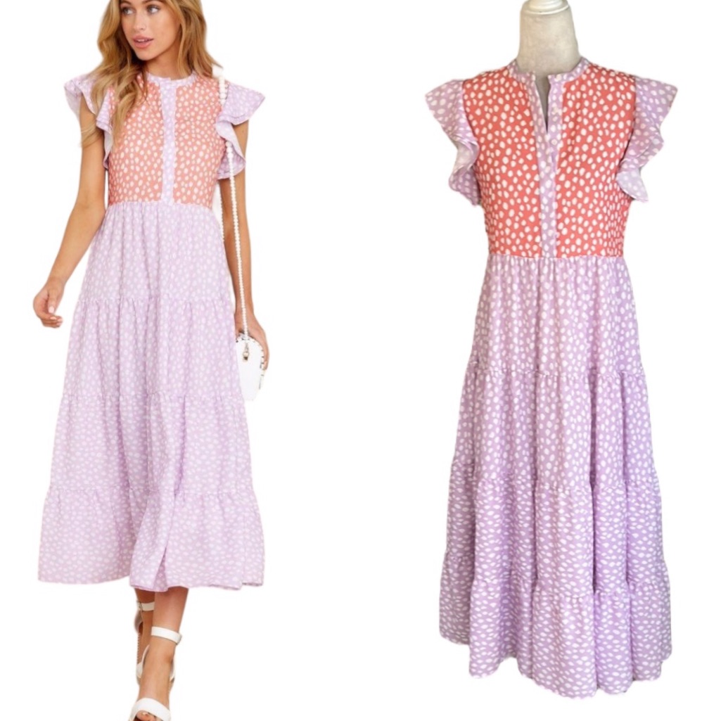 New Crosby By Mollie Burch Napa Wildcat Lavender Coral Tiered Midi Dress - Xs